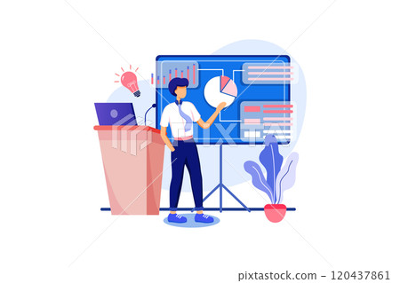 Young businessman presentation new data analysis with diagram. Concept man character with laptop, folders, plan, and whiteboard. 120437861