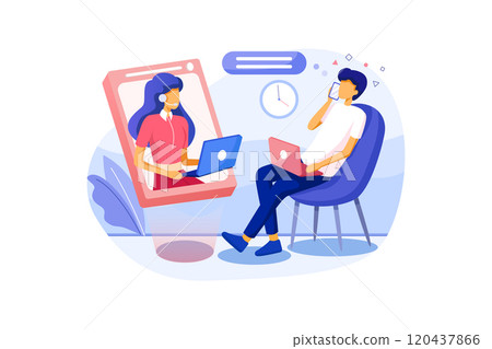 Man mobile conversation with support young woman. Concept girl help by cellphone 120437866