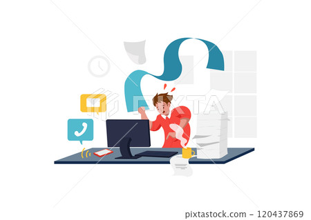 Male office worker overloaded with paperwork from computer, heap of business letters and online documents 120437869