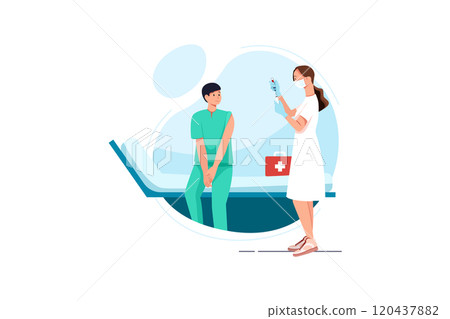 Young man at vaccination with woman nurse with syringe. 120437882