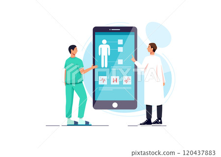 Doctors examining a patient using a medical app on a smartphone, online medical consultation and technology concept 120437883