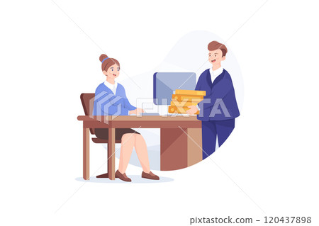 Woman office manager working at the desk. And businessman giving her a document. Office work concept. 120437898