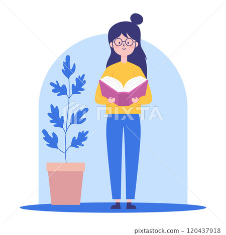 Pretty Girl Cartoon Character Wearing Glasses Standing While Reading a Book with Plant Decoration 120437918