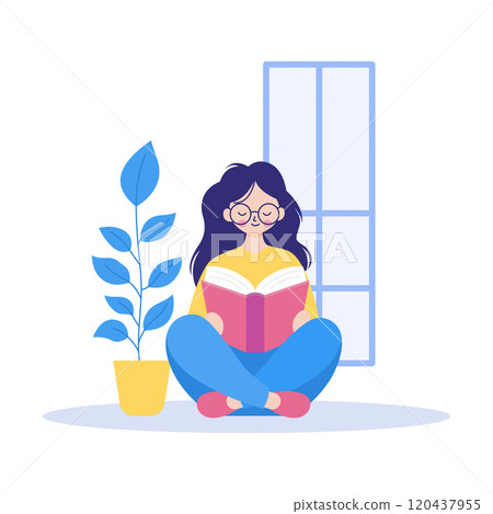 Pretty Girl Cartoon Character Wearing Glasses Sitting While Reading a Book at Home Pretty Girl Cartoon Character Wearing Glasses Sitting While Reading a Book at Home 120437955