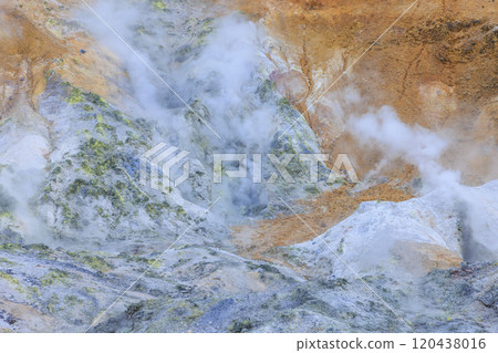 十一月的登別地獄谷:多雲的天空襯托出蒸氣和火山的景色 十一月的登別地獄谷:多雲的天空襯托出蒸氣和火山的景色 120438016