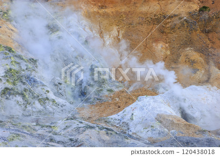 十一月的登別地獄谷:多雲的天空襯托出蒸氣和火山的景色 十一月的登別地獄谷:多雲的天空襯托出蒸氣和火山的景色 120438018