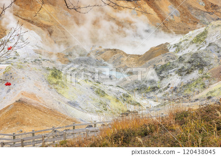 Noboribetsu Jigokudani in November: Cloudy skies accentuate the steam and volcanic scenery Noboribetsu Jigokudani in November: Cloudy skies accentuate the steam and volcanic scenery 120438045