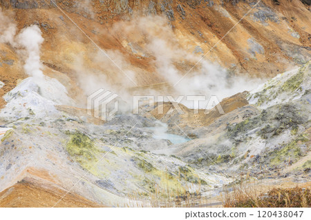 Noboribetsu Jigokudani in November: Cloudy skies accentuate the steam and volcanic scenery 120438047