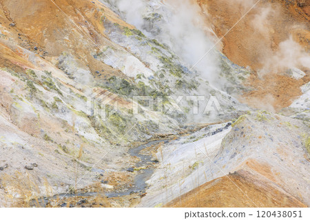 Noboribetsu Jigokudani in November: Cloudy skies accentuate the steam and volcanic scenery 120438051
