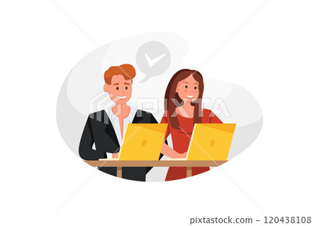 Woman and man sit at the table on workplace, works on laptops. Works together vector illustration. 120438108