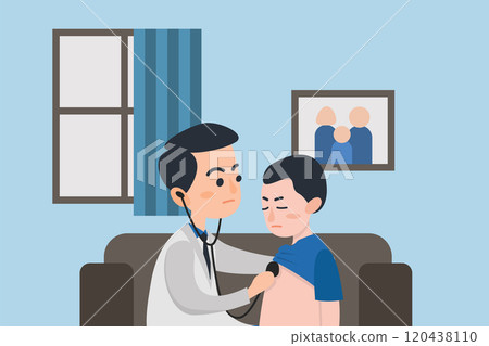 Doctor practitioner in white coat with stethoscope attending sick schoolboy at home Doctor practitioner in white coat with stethoscope attending sick schoolboy at home 120438110