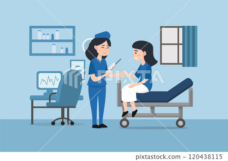 Hospital room or clinic to receive and treat, nurse diagnosing patient, making injection. 120438115