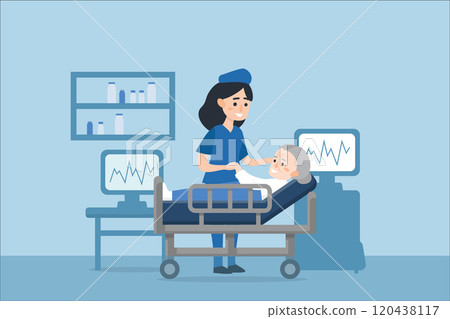 A nurse taking care of a sick elderly woman lying in a medical bed. 120438117