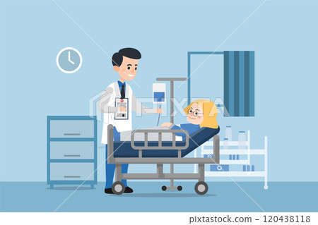 Doctor's visit to the ward of patient elderly woman lying in a medical bed. 120438118