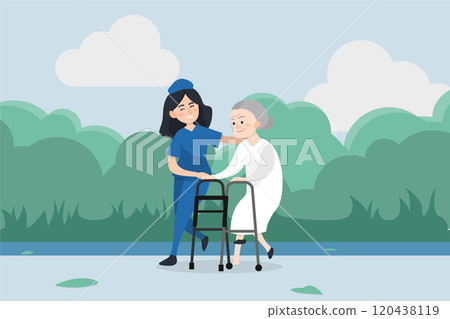 Nurse helps her grandmother to go to the walker. Caring for the elderly 120438119