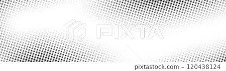 Grunge halftone background. Fading grit noise gradient texture. Black and white sand wallpaper. Wide retro pixelated backdrop. Anime or manga comic style overlay. Vector long halftone gritty print 120438124