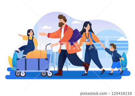 Family travel. Parents and children at the airport fly away for a vacation. Family travel. Parents and children at the airport fly away for a vacation. 120438138