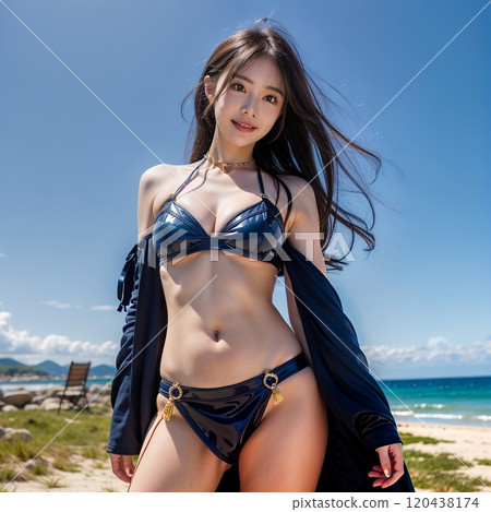 Young girl in swimsuit standing on the beach 120438174