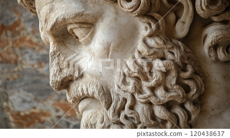 AI-generated realistic close-up profile image of a majestic Greek sculpture of male royalty 120438637