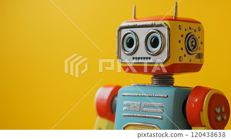 AI-generated, realistic portrait-style angled image of a retro tin robot toy AI-generated, realistic portrait-style angled image of a retro tin robot toy 120438638