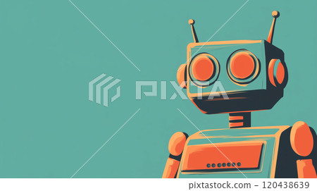 Illustration of a retro robot drawn in a flat design from an oblique portrait angle 120438639