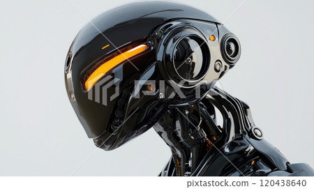 A realistic AI-generated side view of the shiny black head of a hunting robot 120438640