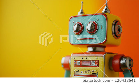 AI-generated, realistic portrait-style angled image of a retro tin robot toy AI-generated, realistic portrait-style angled image of a retro tin robot toy 120438641