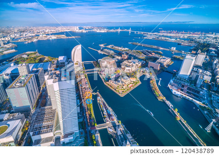 Yokohama cityscape in Japan: A view of the city center including Azabudai Hills... Also sees amphibious buses, Minato Mirai and Yokohama Port = 17th 120438789