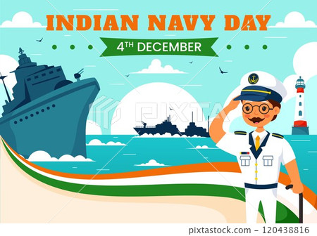 Indian Navy Day Vector Illustration on December 4, Featuring Fighter Ships, Saluting Soldiers, and Military Appreciation in a Flat Style Background 120438816