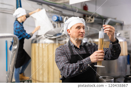 Brewmaster measuring beer density with digital hydrometer in brewery 120438867