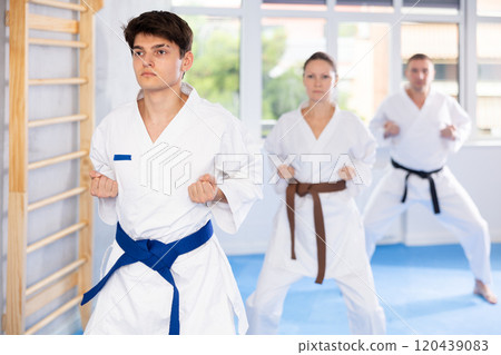 Woman and man in kimono standing in fight stance during group karate training in gym Woman and man in kimono standing in fight stance during group karate training in gym 120439083