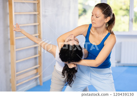 Self-defense enthusiasts practice leg sweep Self-defense enthusiasts practice leg sweep 120439130