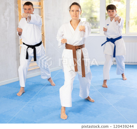 Athletes have starting position and repeating sequence of punches and painful techniques in kata 120439244