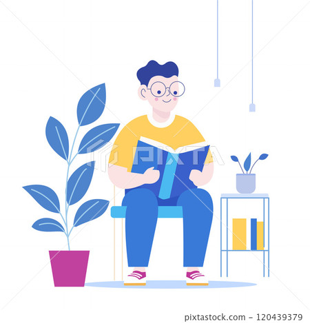 Cute Nerd Boy Wearing Glasses Reading a Book in the Library with Smile Expression 120439379