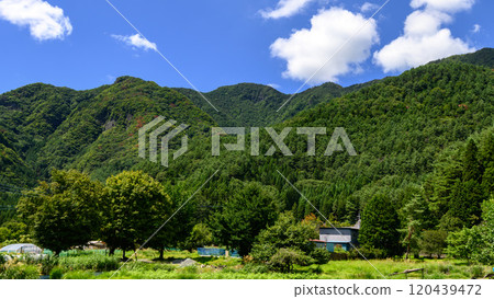 （山梨縣）西湖湖和念場附近的山脈和藍天的壯麗景色 120439472