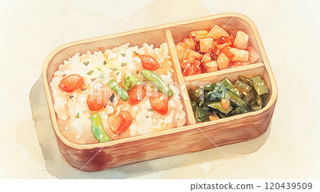 Watercolor illustration of a delicious bento lunch box packed in a bento box Watercolor illustration of a delicious bento lunch box packed in a bento box 120439509