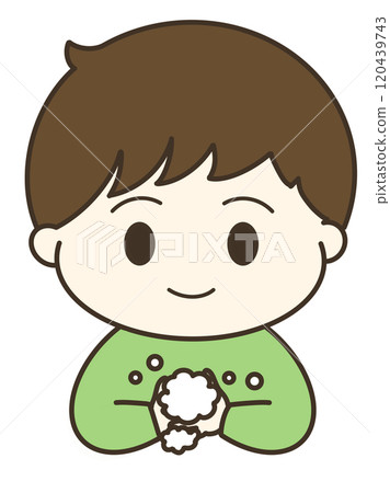 Cute illustration of a child washing his hands thoroughly with soap 120439743