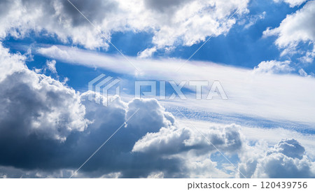 Many white clouds flowing in two layers in the blue autumn sky Many white clouds flowing in two layers in the blue autumn sky 120439756