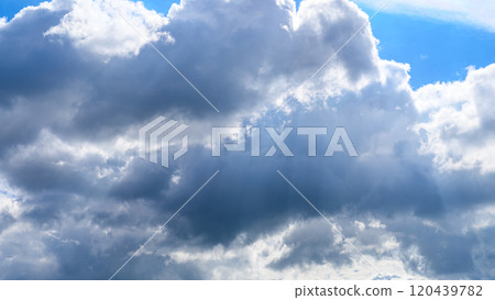 Many white clouds flowing in two layers in the blue autumn sky Many white clouds flowing in two layers in the blue autumn sky 120439782