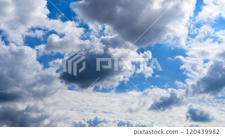 Many white clouds flowing in two layers in the blue autumn sky Many white clouds flowing in two layers in the blue autumn sky 120439982