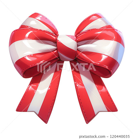 A vibrant red and white candy cane striped bow with a glossy finish, perfect for festive holiday decorations and gifts. 120440035