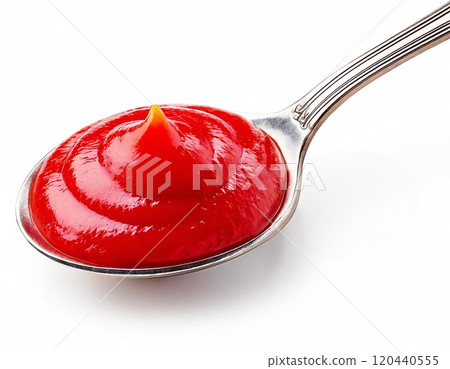 A close-up view of vibrant red ketchup artfully arranged on a spoon. 120440555