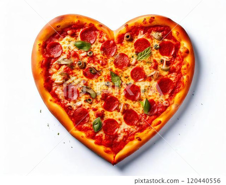 A delicious heart-shaped pepperoni pizza topped with fresh ingredients. 120440556