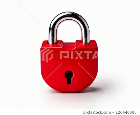 A vibrant red padlock symbolizes security and protection in various contexts. 120440593