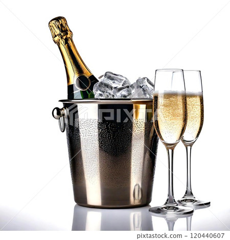 Chilled champagne in an ice bucket with elegant glasses for celebration. 120440607