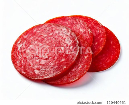 Sliced salami on a neutral background, perfect for culinary presentations or recipes. 120440661
