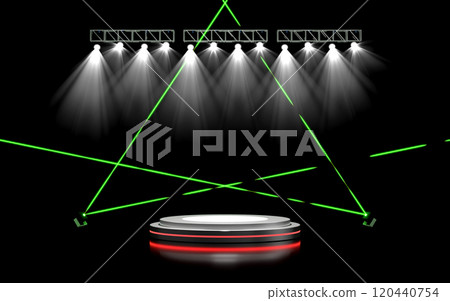 3d Silver empty podium with lighting equipment, laser light, spotlight shines, black background. 3d illustration render 120440754