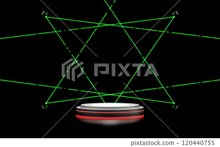 3d Silver podium empty with lighting equipment, laser light, spotlight shines, black background. 3d illustration render 3d Silver podium empty with lighting equipment, laser light, spotlight shines, black background. 3d illustration render 120440755