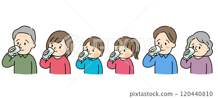 Three-generation family drinking water from a cup 120440810