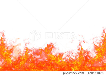 Translucent fire flames and sparks with horizontal repetition on transparent background. For used on dark illustrations. 120441078
